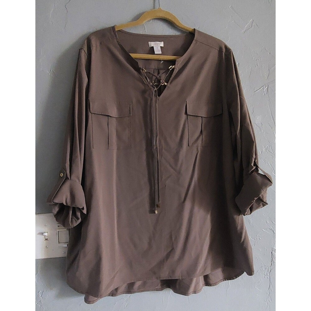 Chico's Brown Lace-Up V-Neck Roll-Tab Sleeve BlouseWomen Size 3(XL)